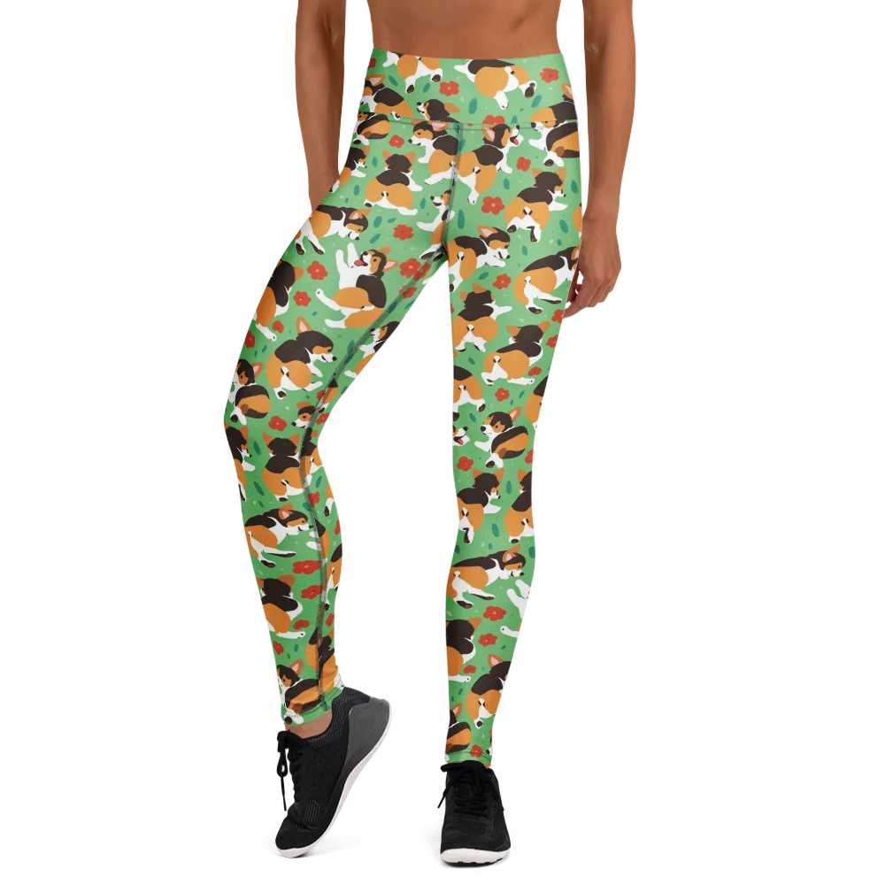 Minty Corgi Meadow on Yoga Leggings — Front