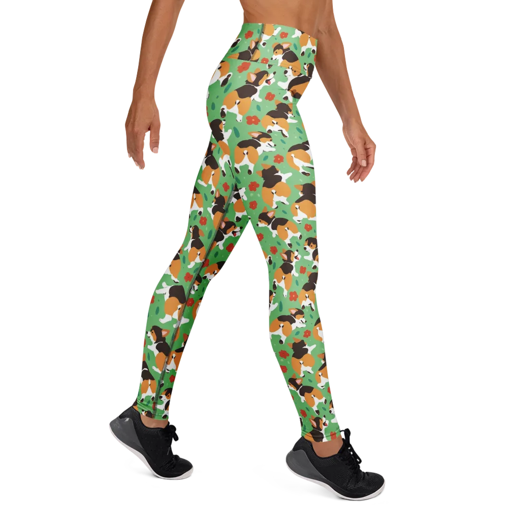 Minty Corgi Meadow on Yoga Leggings — Right