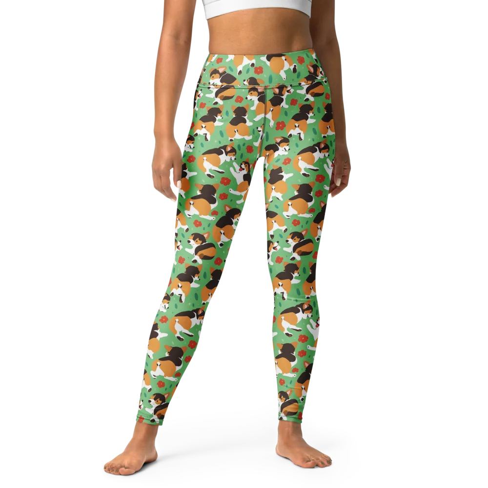 Minty Corgi Meadow on Yoga Leggings — Front