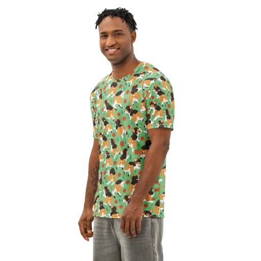 Minty Corgi Meadow on a Men's Cotton Crew Neck T-Shirt