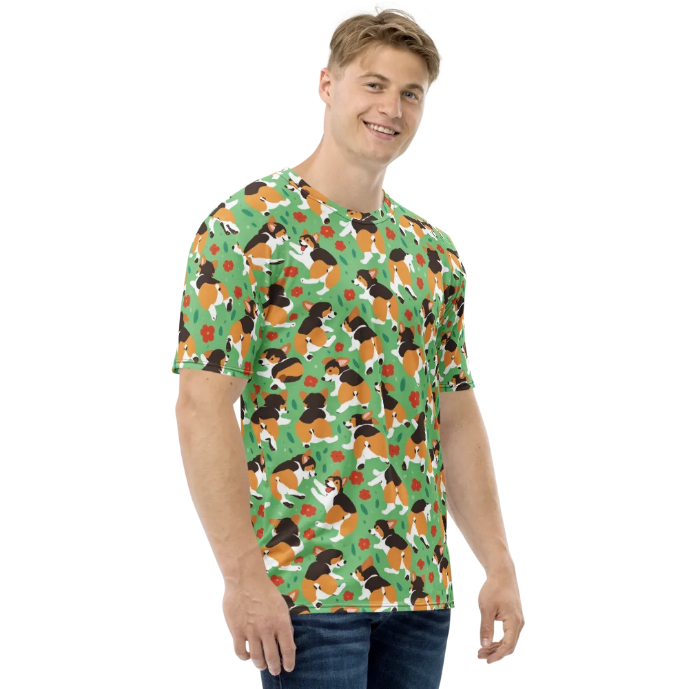 Minty Corgi Meadow on Men's Crew Neck T-Shirt — Right
