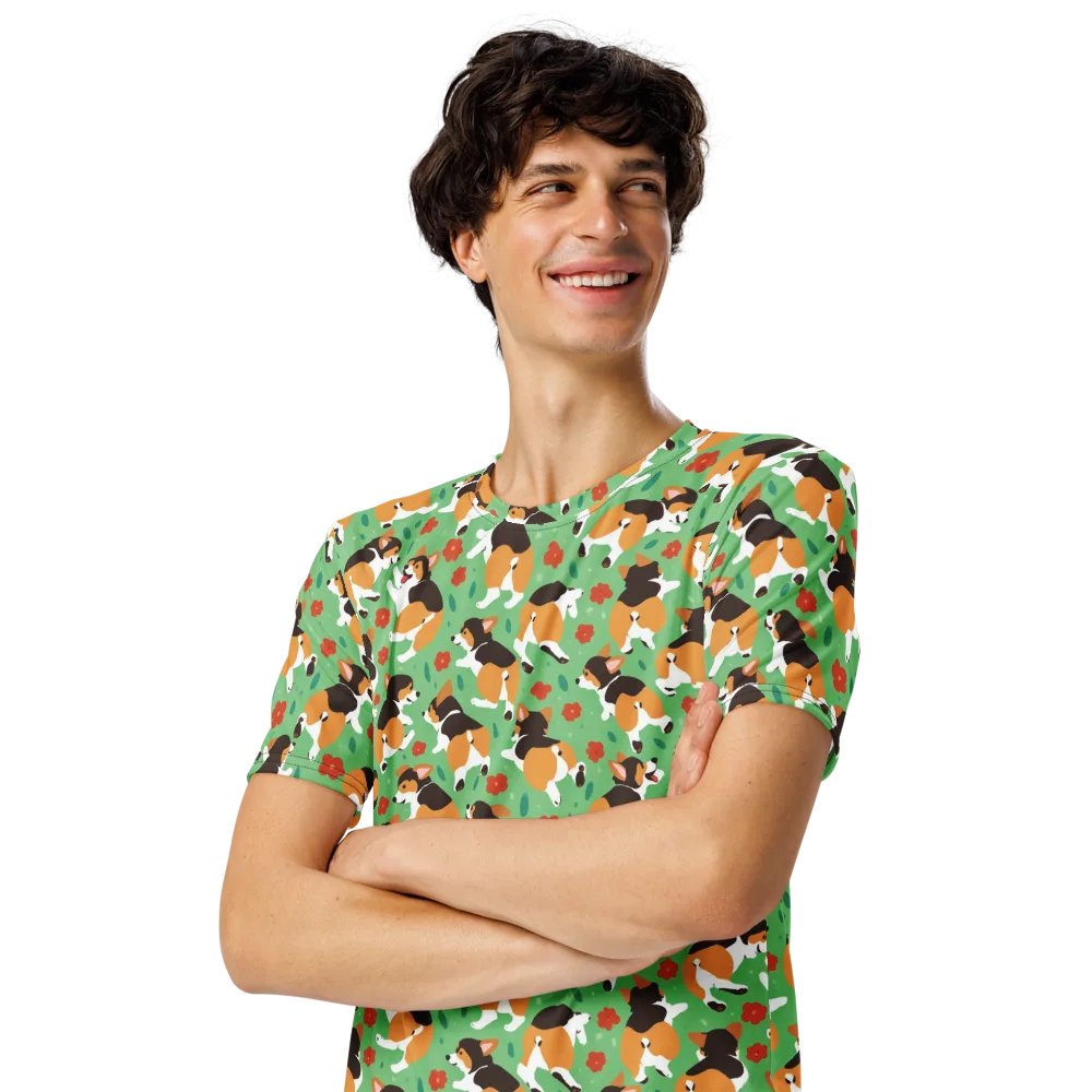 Minty Corgi Meadow on Men's Crew Neck T-Shirt — Left Front