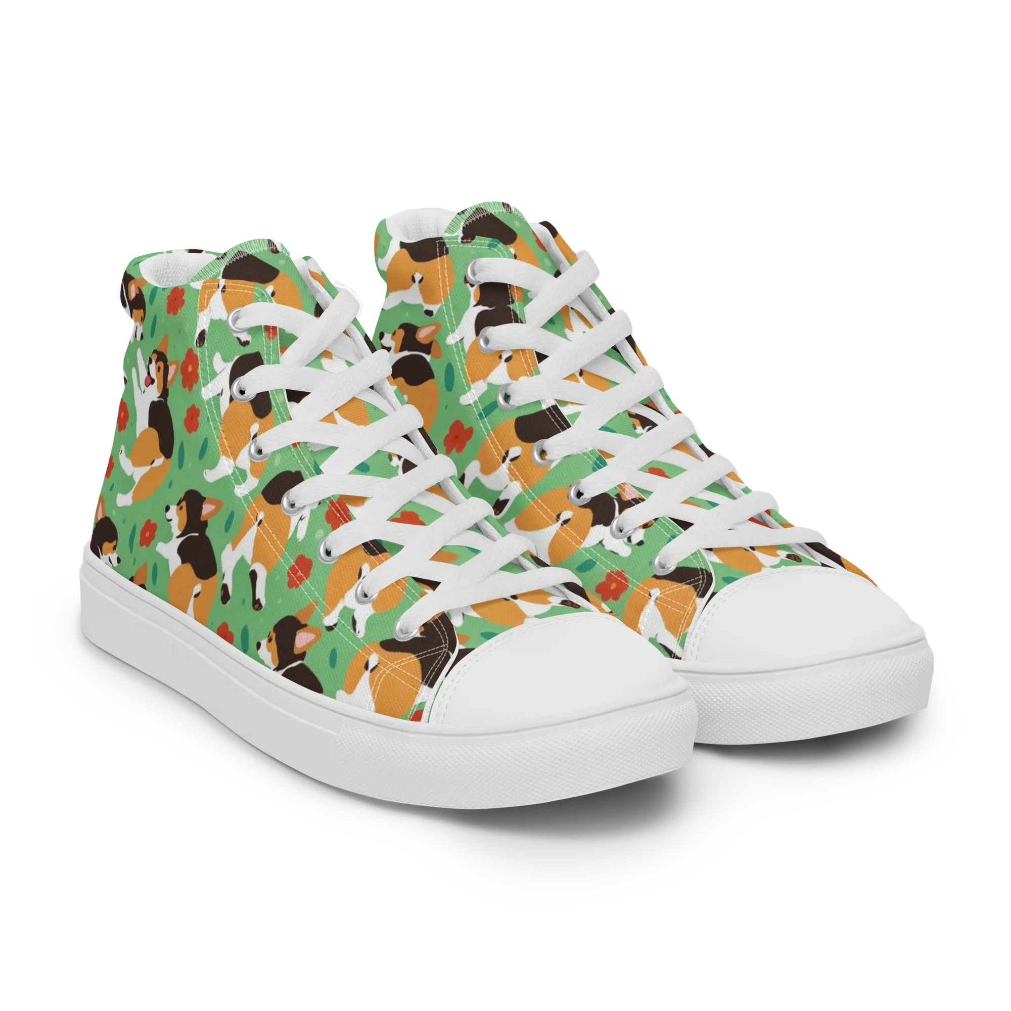 Minty Corgi Meadow on Men's High Top Canvas Shoes — Right Front