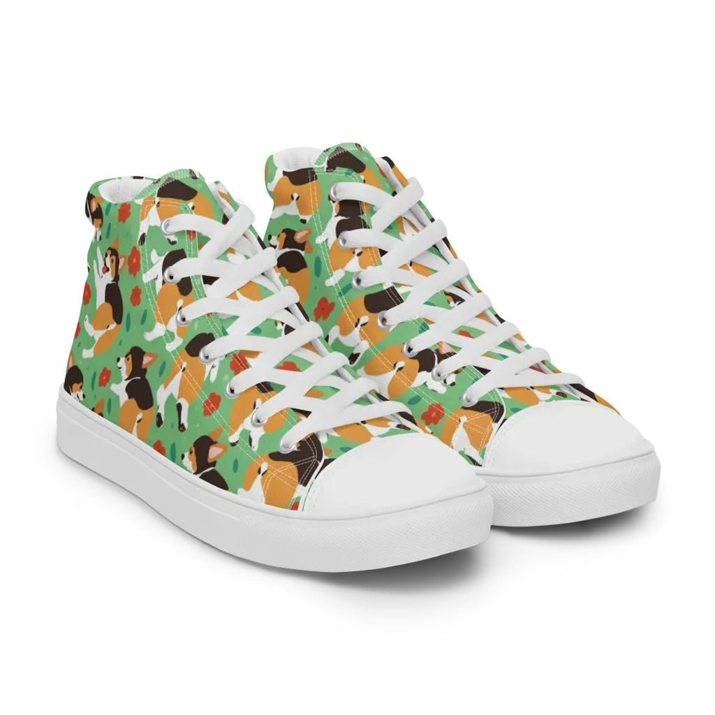 Minty Corgi Meadow on Men's High Top Canvas Shoes — Right Front