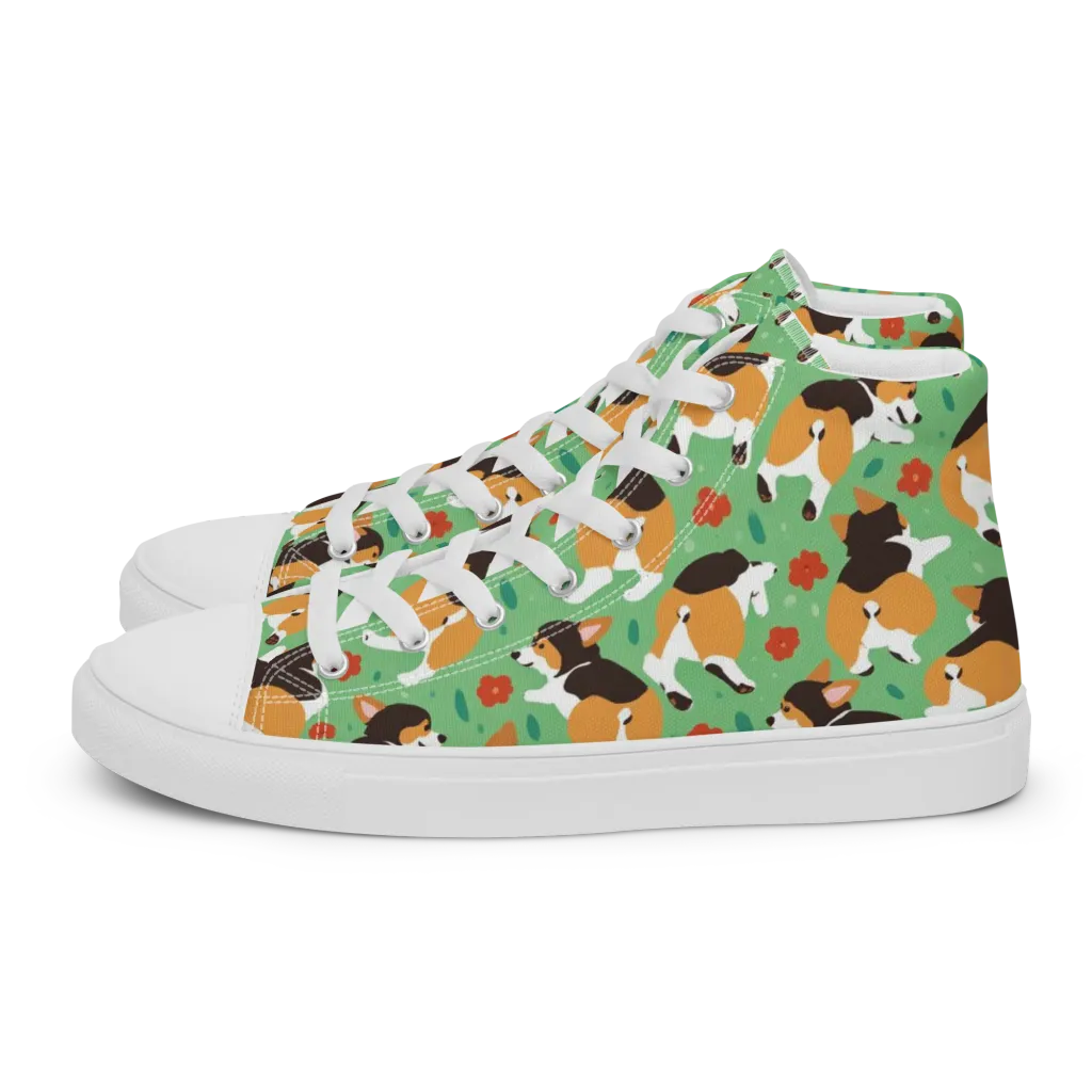 Minty Corgi Meadow on Men's High Top Canvas Shoes — Left