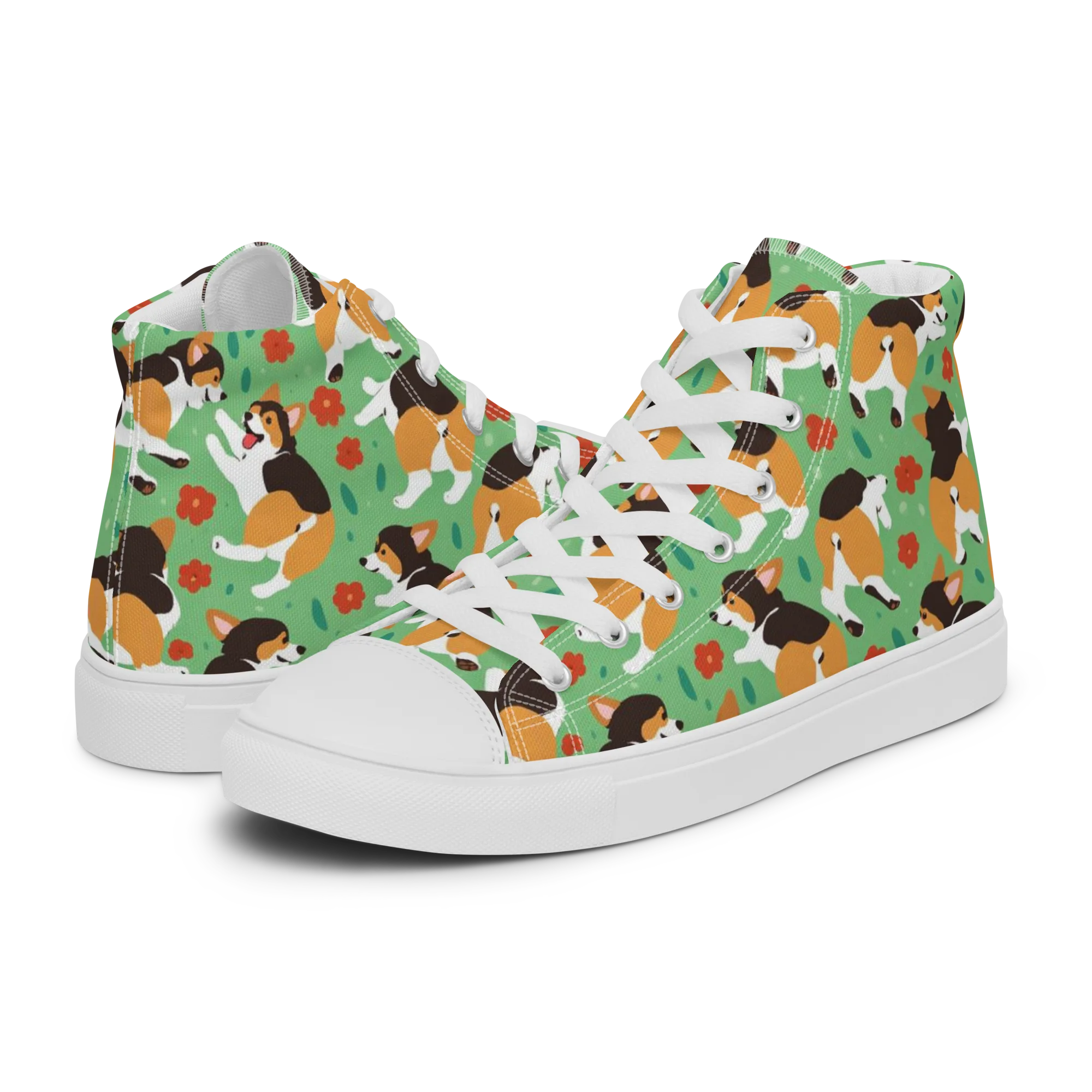 Minty Corgi Meadow on Men's High Top Canvas Shoes — Left