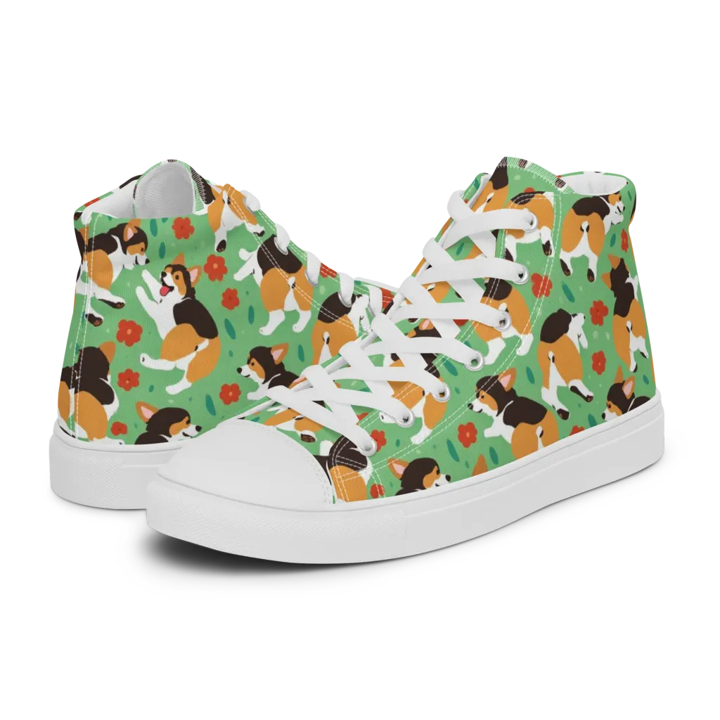 Minty Corgi Meadow on Men's High Top Canvas Shoes — Left