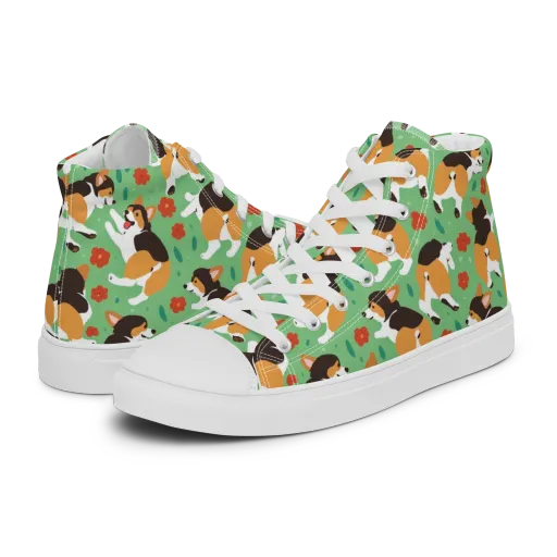 Minty Corgi Meadow on a Men's High Top Canvas Shoes