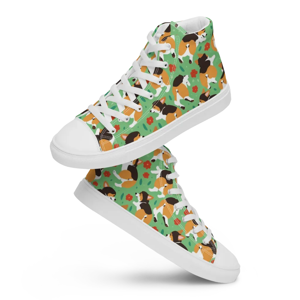 Minty Corgi Meadow on Men's High Top Canvas Shoes — Front