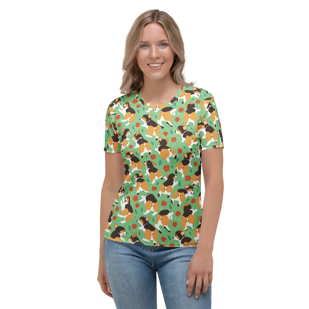 Minty Corgi Meadow on Women's Crew Neck T-Shirt — Front