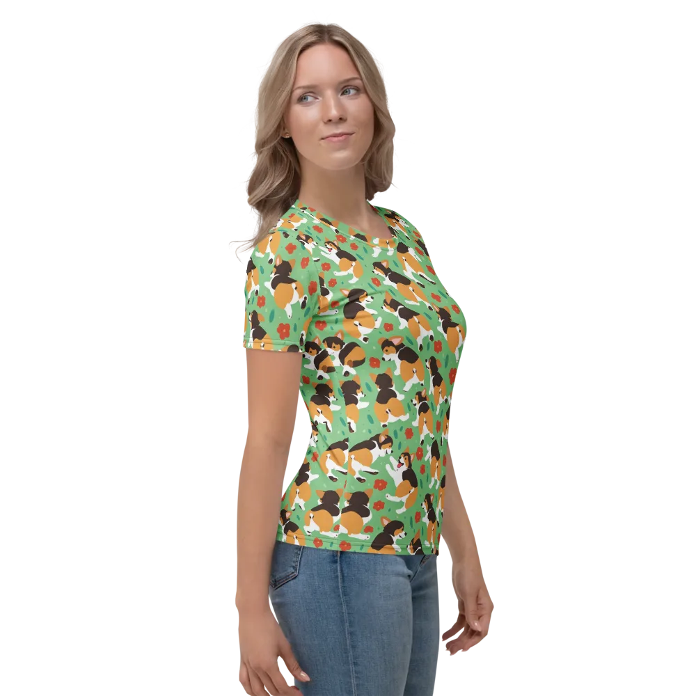 Minty Corgi Meadow on Women's Crew Neck T-Shirt — Right