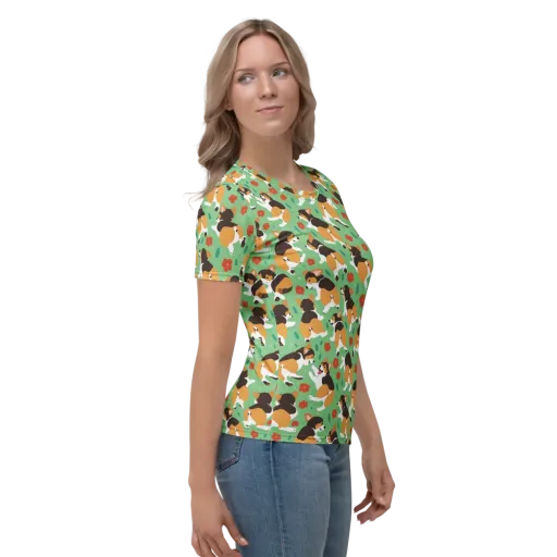 Minty Corgi Meadow on a Women's Crew Neck T-Shirt
