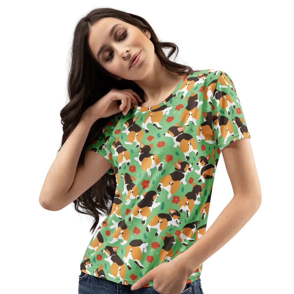 Minty Corgi Meadow on Women's Crew Neck T-Shirt — Left Front