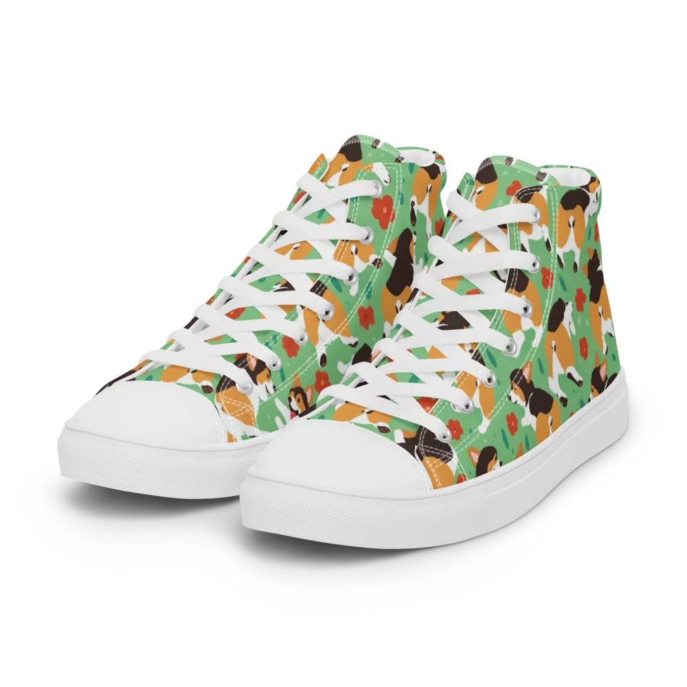 Minty Corgi Meadow on Women's High Top Canvas Shoes — Left Front