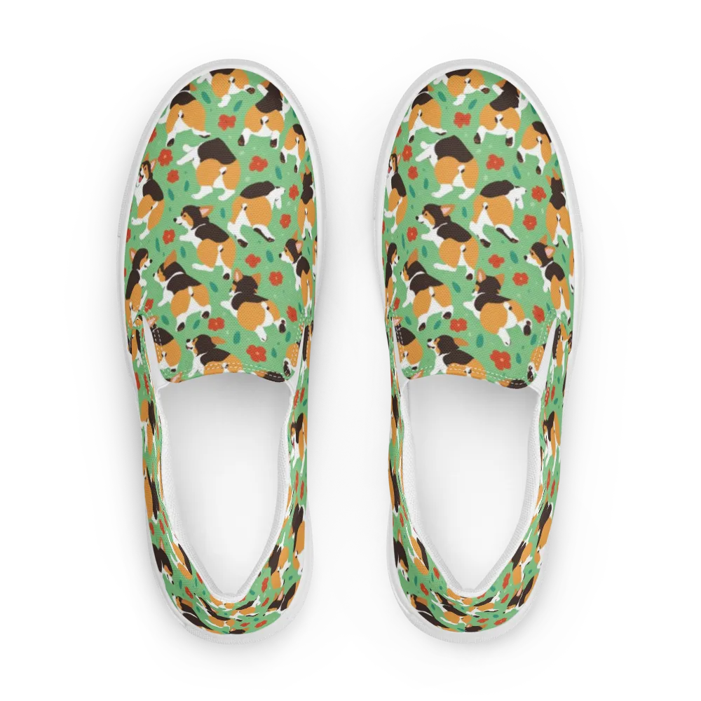 Minty Corgi Meadow on Men's Slip-On Canvas Shoes — Front