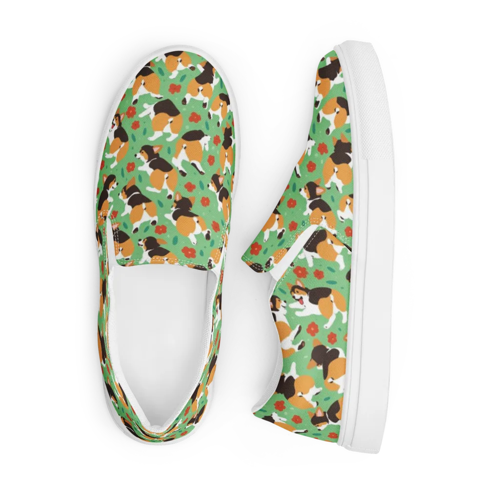 Minty Corgi Meadow on Men's Slip-On Canvas Shoes — Front