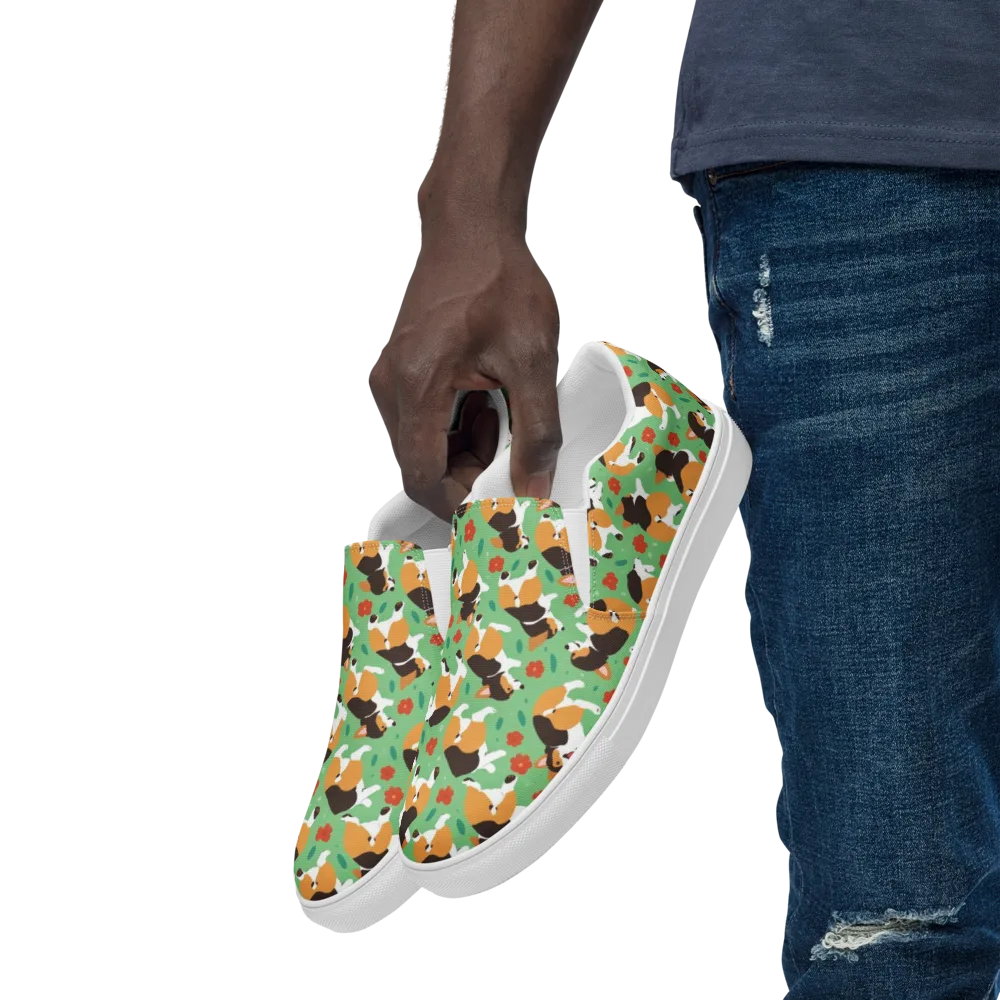 Minty Corgi Meadow on Men's Slip-On Canvas Shoes — Left Front