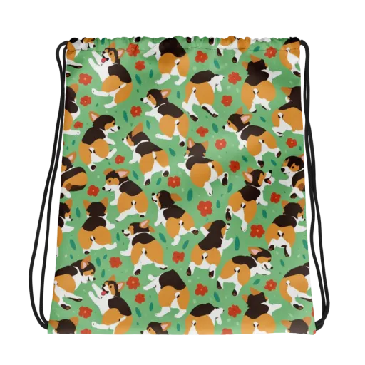 Minty Corgi Meadow on a Drawstring Bag