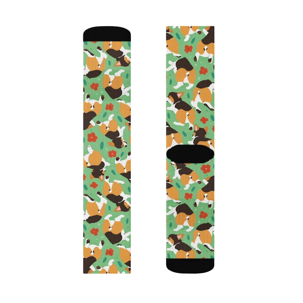 Minty Corgi Meadow on Socks — Left Sock