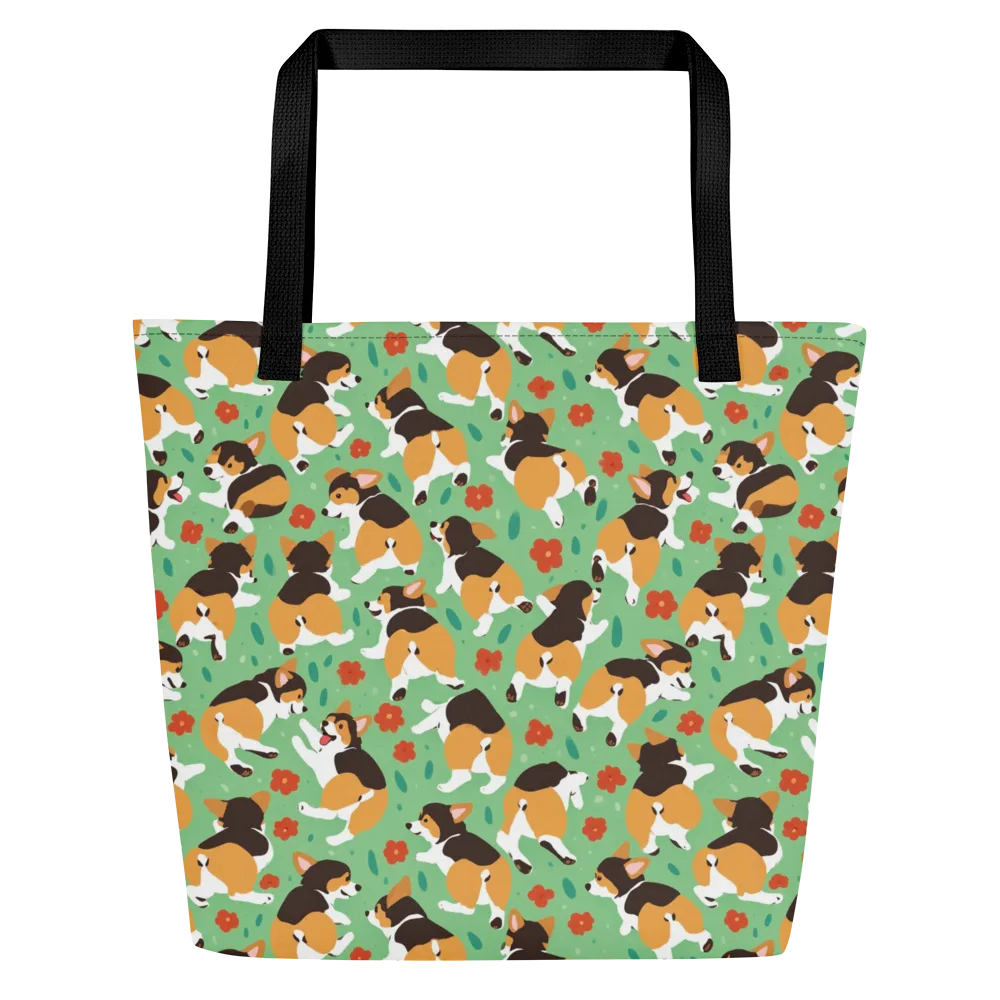 Minty Corgi Meadow on Large Tote Bag W/ Pocket — Front