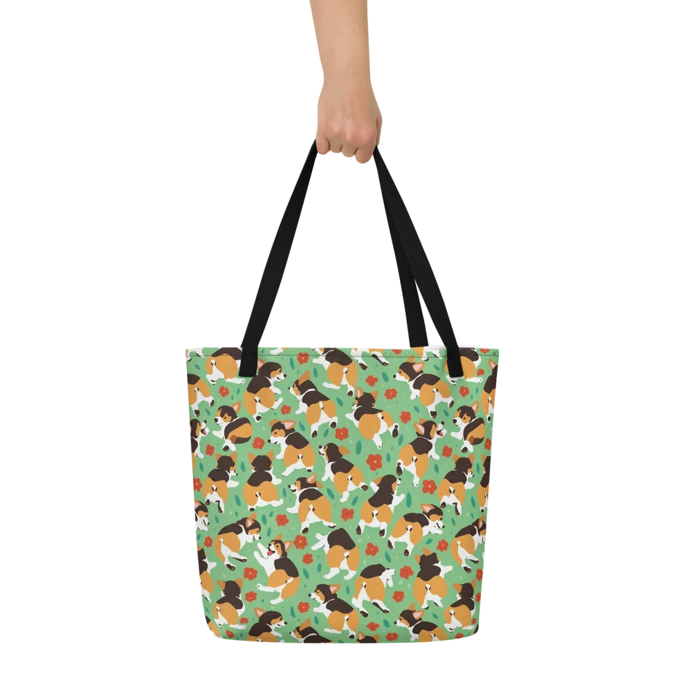 Minty Corgi Meadow on Large Tote Bag W/ Pocket — Front