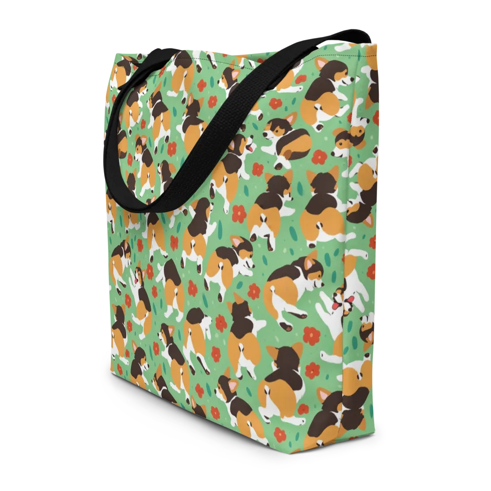 Minty Corgi Meadow on Large Tote Bag W/ Pocket — Front