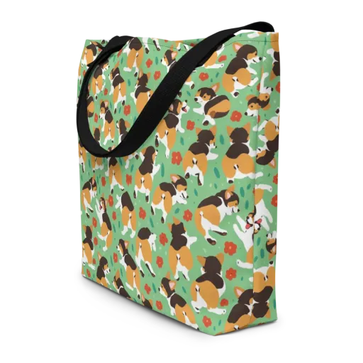 Minty Corgi Meadow on a Large Tote Bag W/ Pocket