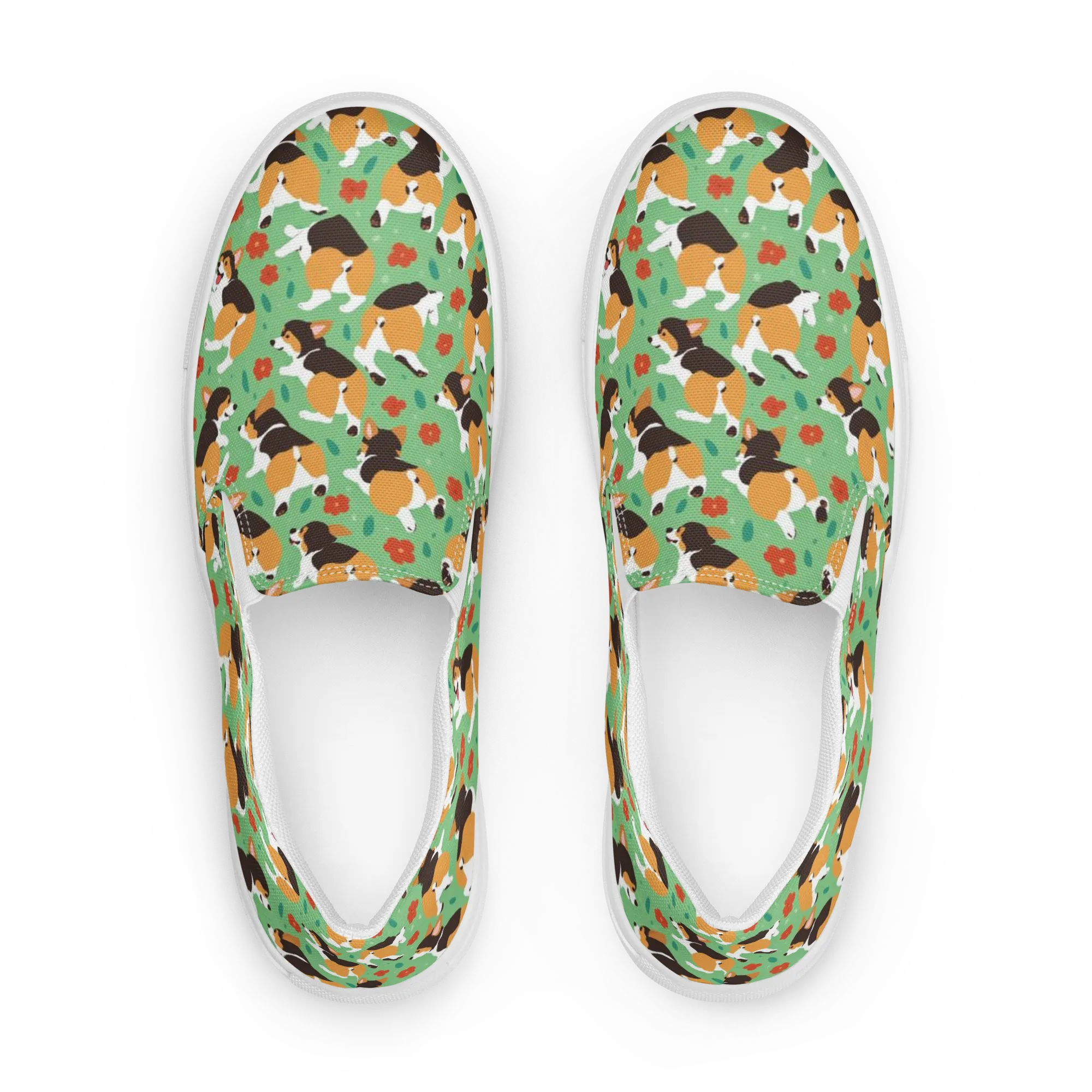 Minty Corgi Meadow on Women's Slip-On Canvas Shoes — Front