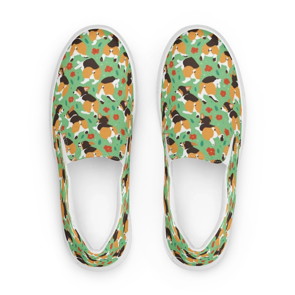 Minty Corgi Meadow on Women's Slip-On Canvas Shoes — Front