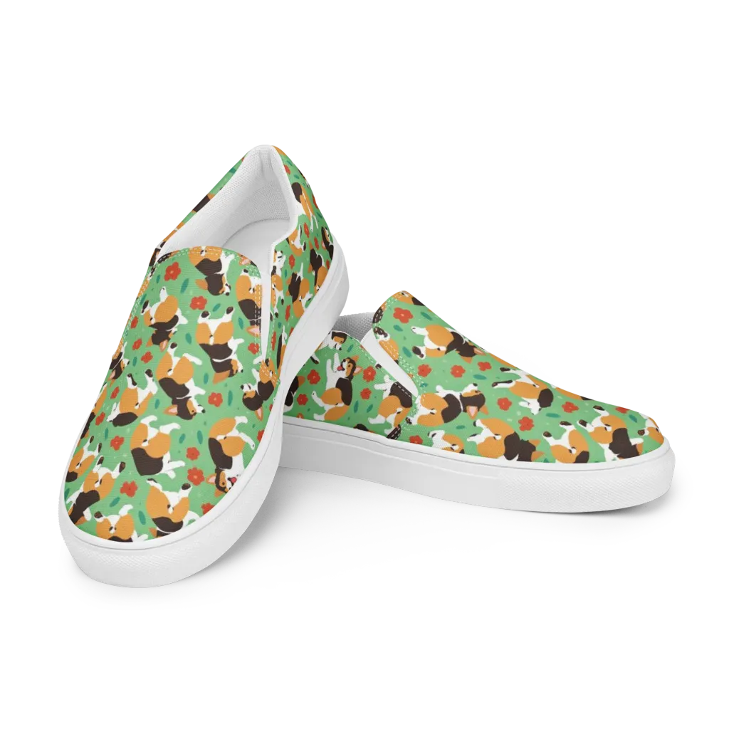 Minty Corgi Meadow on Women's Slip-On Canvas Shoes — Left Front