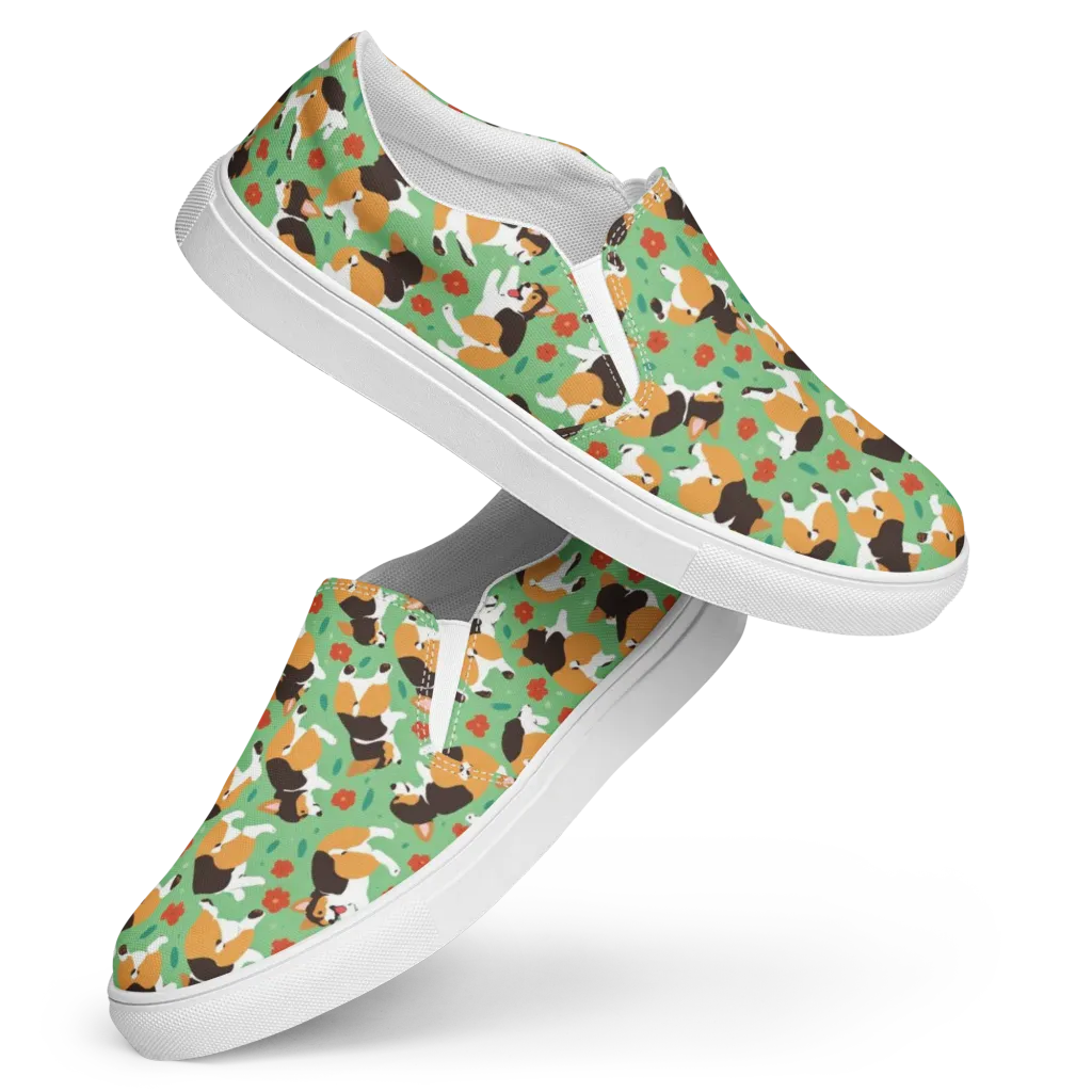 Minty Corgi Meadow on Women's Slip-On Canvas Shoes — Front