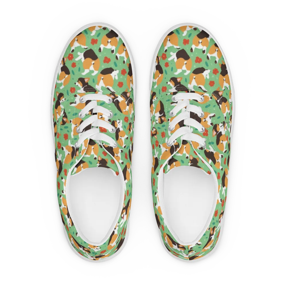 Minty Corgi Meadow on Men's Lace-Up Canvas Shoes — Front
