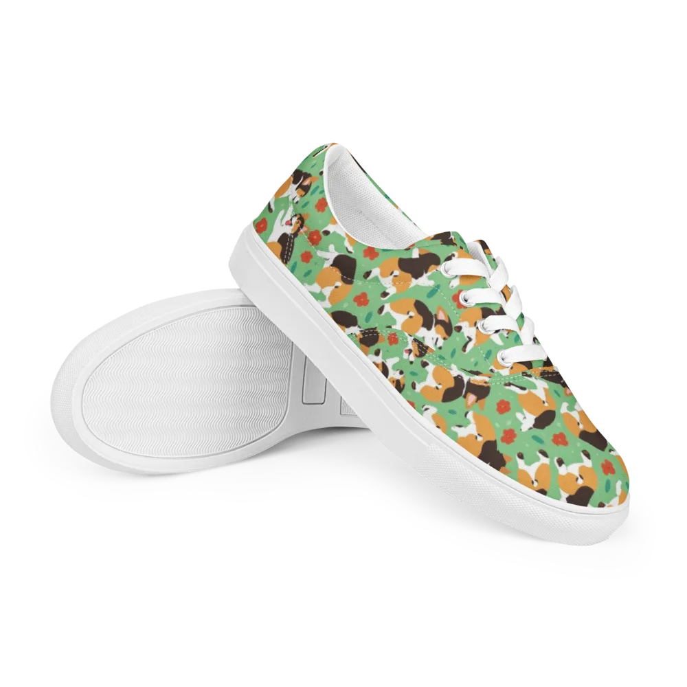 Minty Corgi Meadow on Men's Lace-Up Canvas Shoes — Right Front