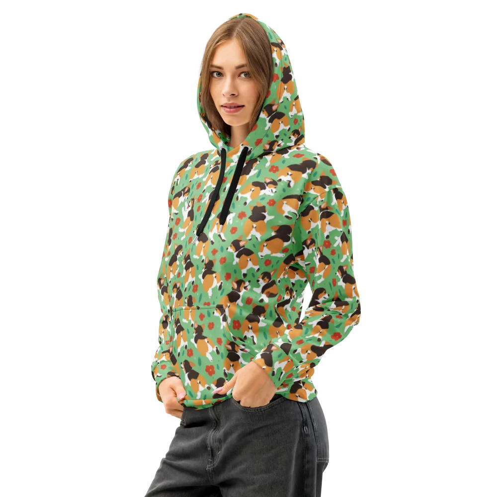 Minty Corgi Meadow on Cotton Hoodie — Left Front