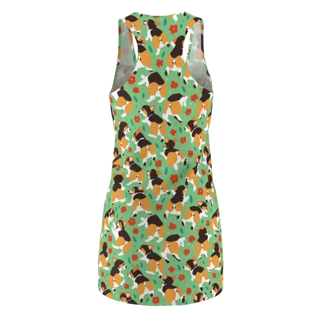 Minty Corgi Meadow on Racerback Dress — Back