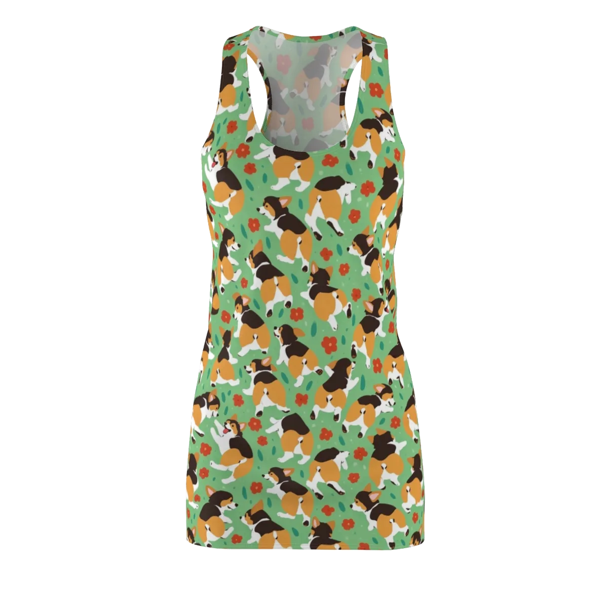 Minty Corgi Meadow on Racerback Dress — Front