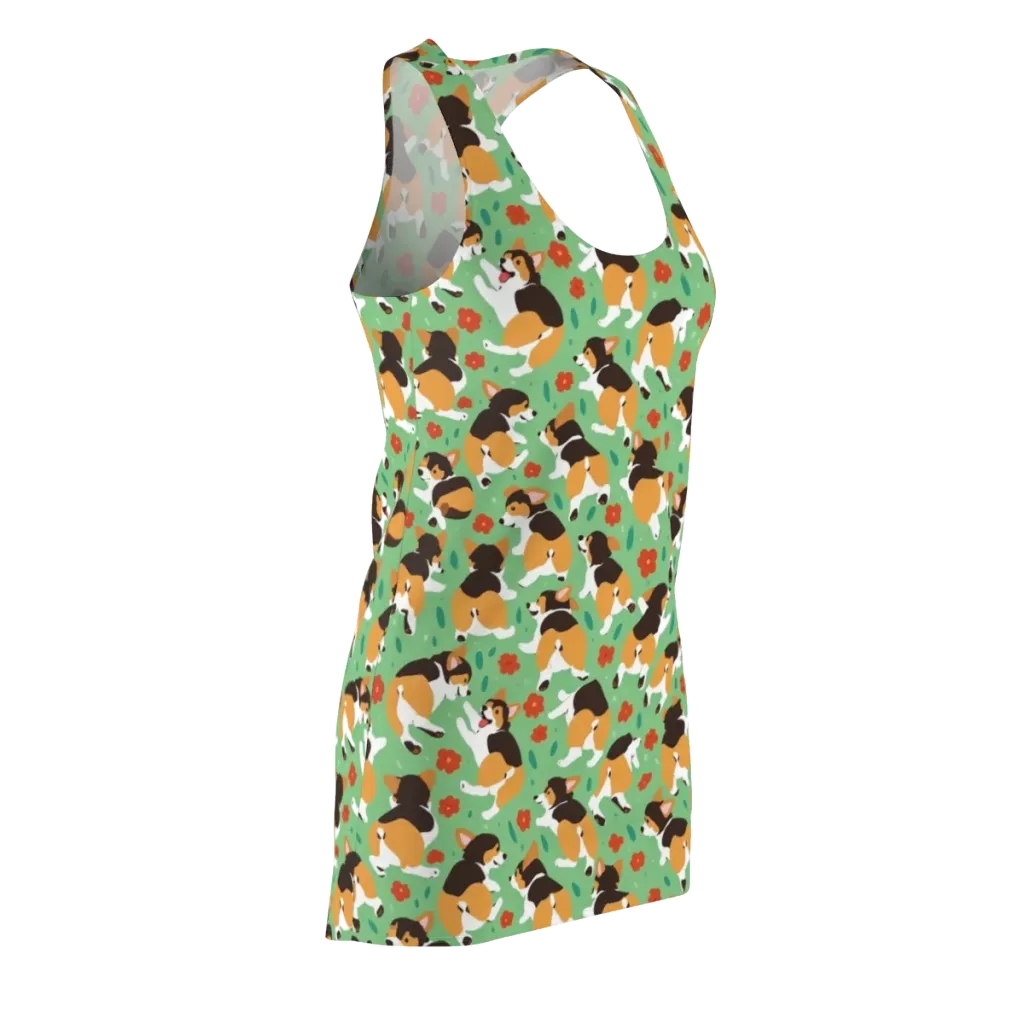 Minty Corgi Meadow on Racerback Dress — Front Side