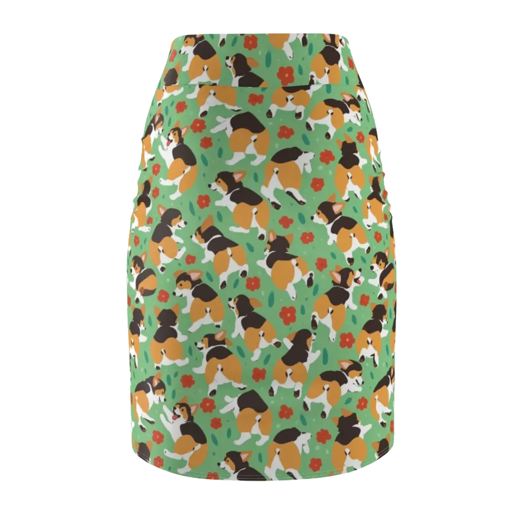 Minty Corgi Meadow on Pencil Skirt — Back