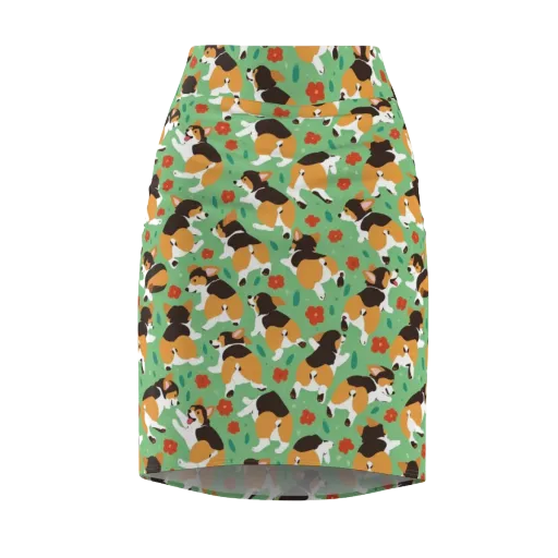 Minty Corgi Meadow on a Pencil Skirt