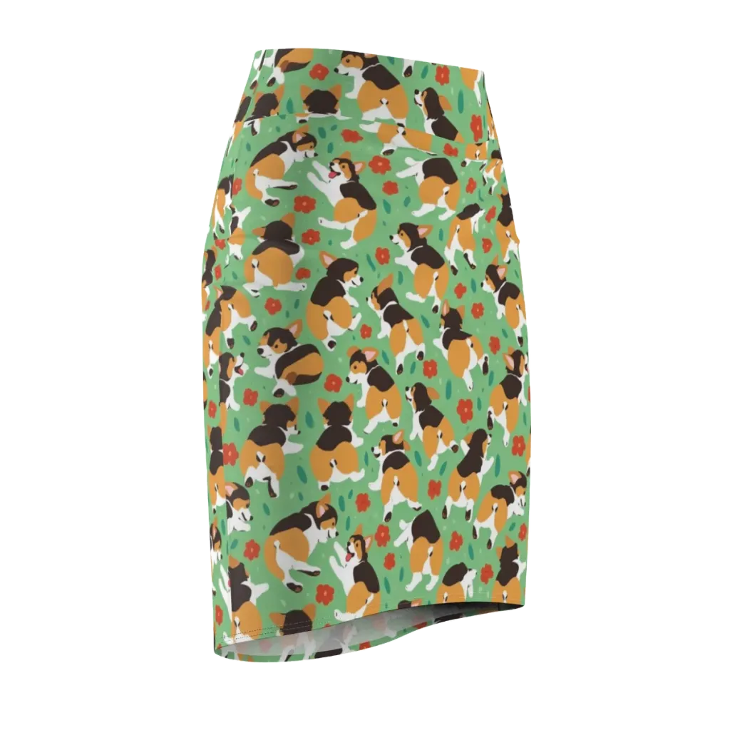 Minty Corgi Meadow on Pencil Skirt — Front Side