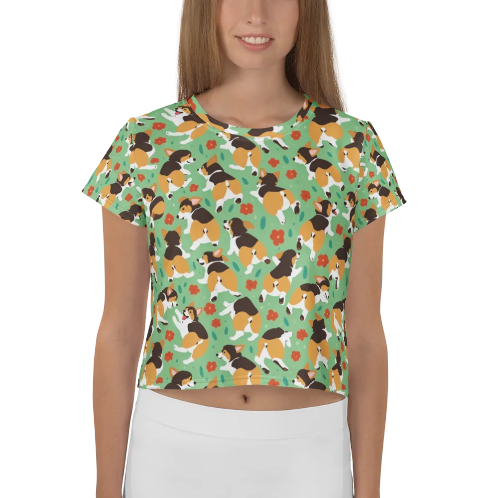 Minty Corgi Meadow on Crop Tee — Front