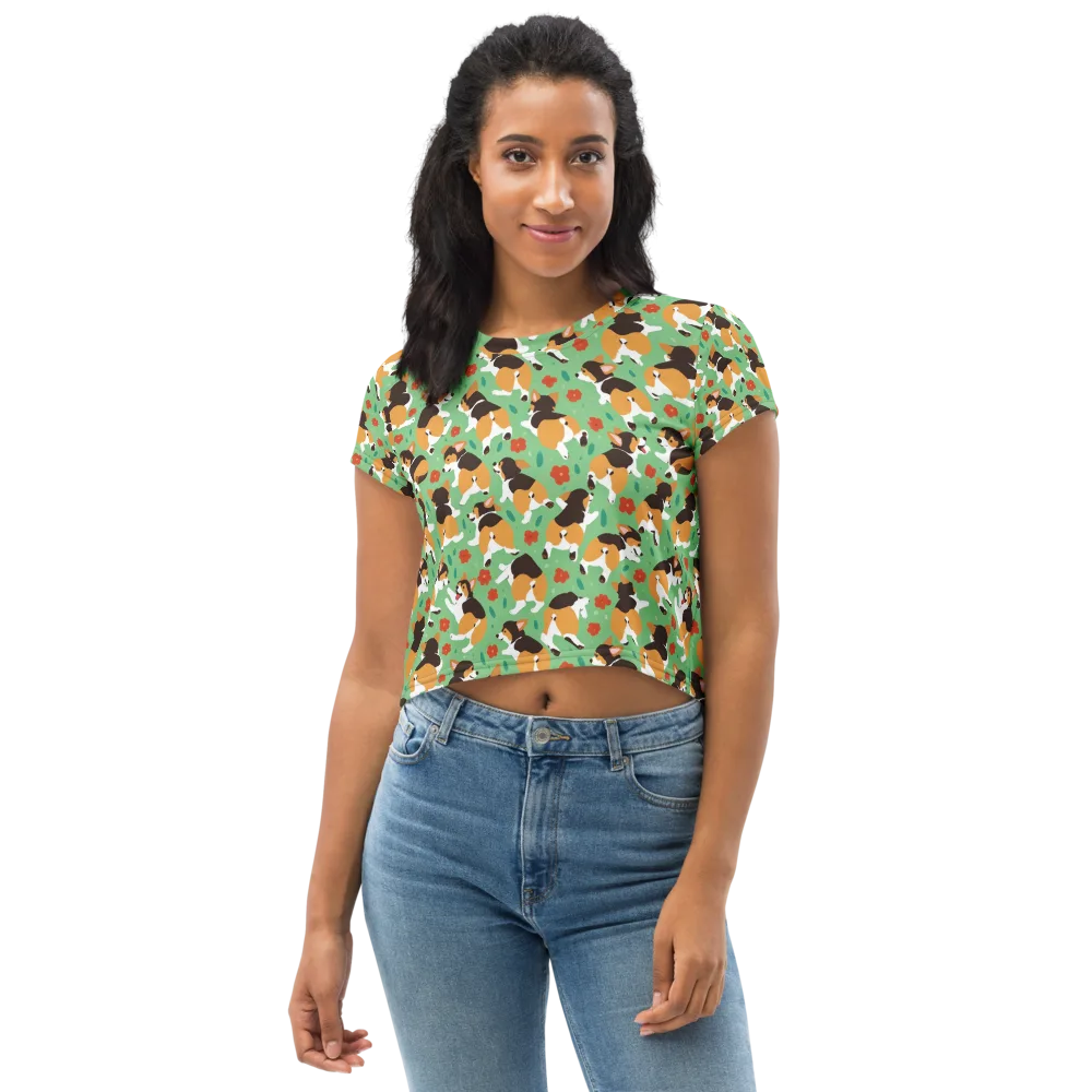 Minty Corgi Meadow on Crop Tee — Front