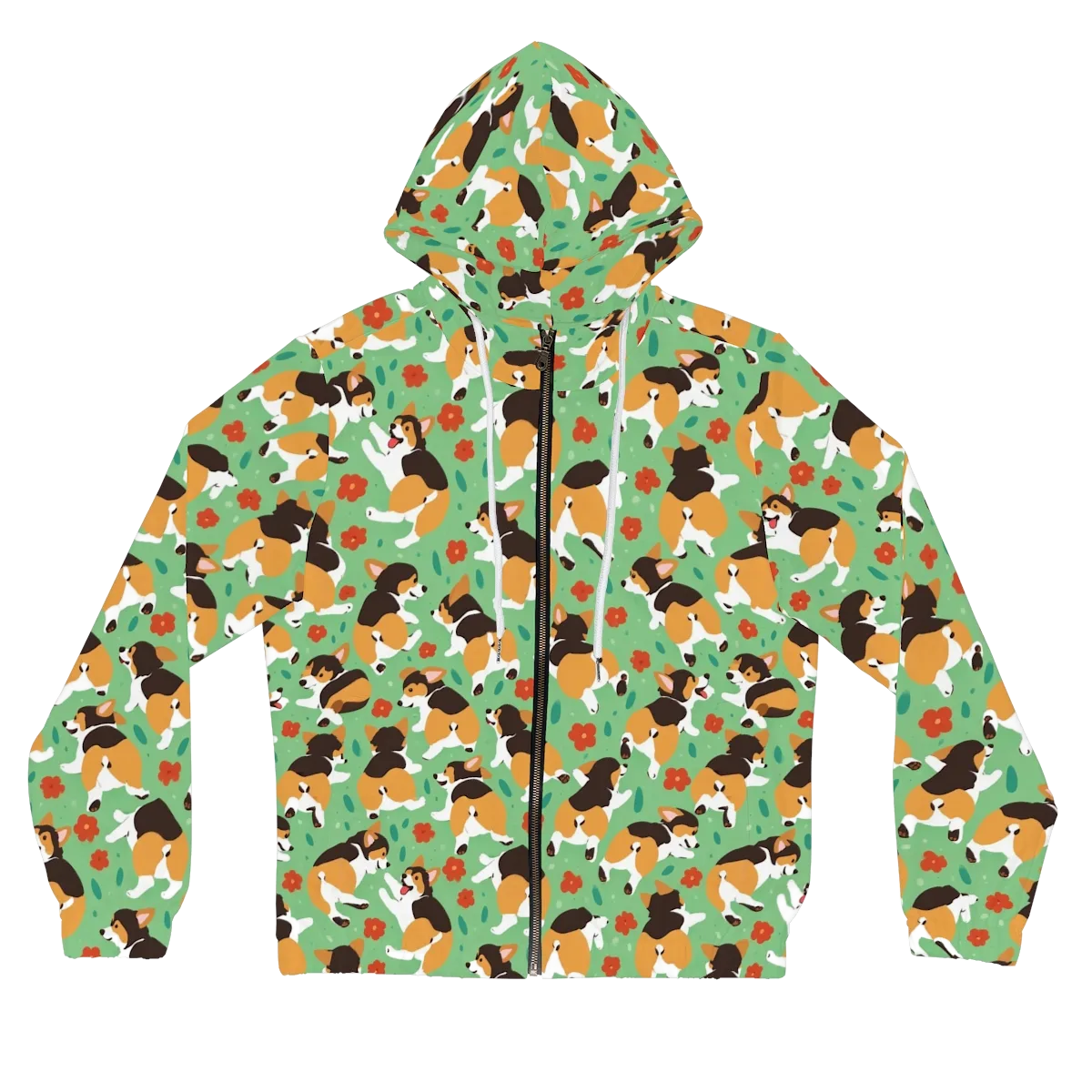 Minty Corgi Meadow on Women's Full-Zip Hoodie — Front