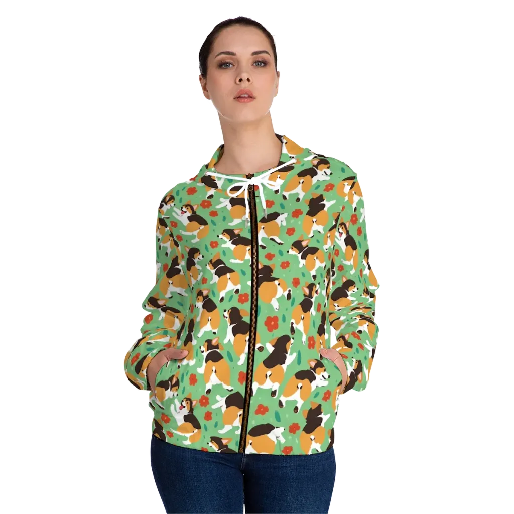 Minty Corgi Meadow on Women's Full-Zip Hoodie — Front On Person