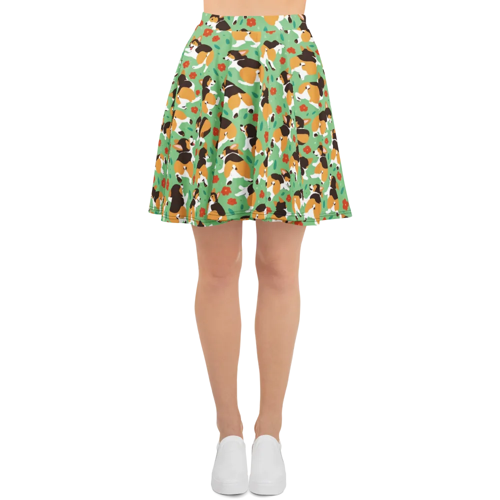 Minty Corgi Meadow on Skater Skirt — Front