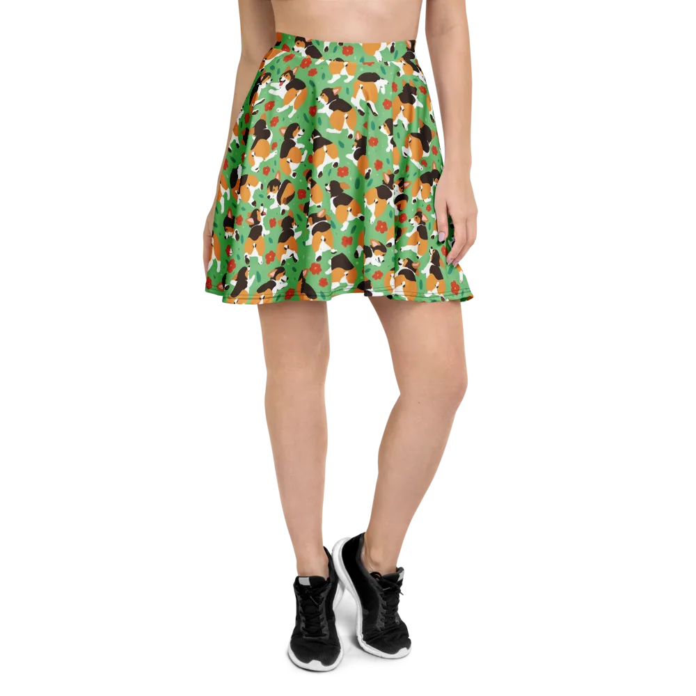 Minty Corgi Meadow on Skater Skirt — Front