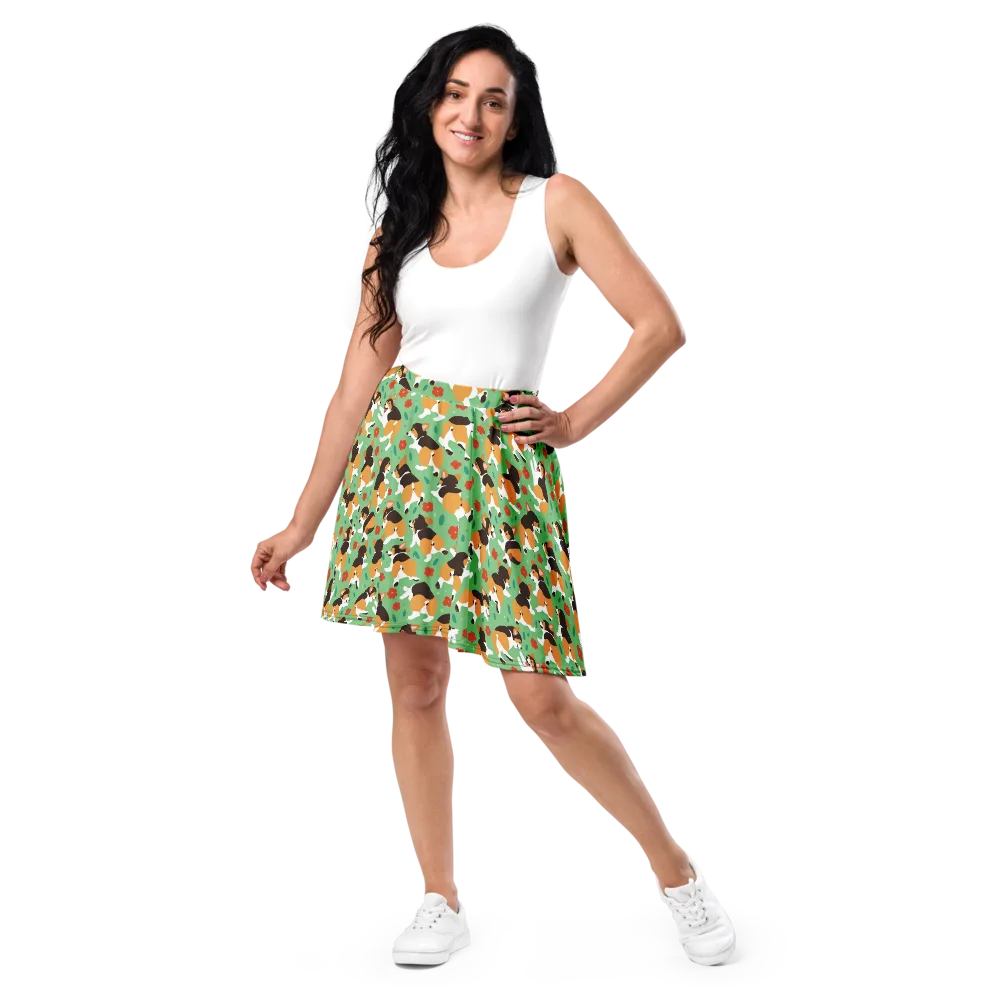 Minty Corgi Meadow on Skater Skirt — Front