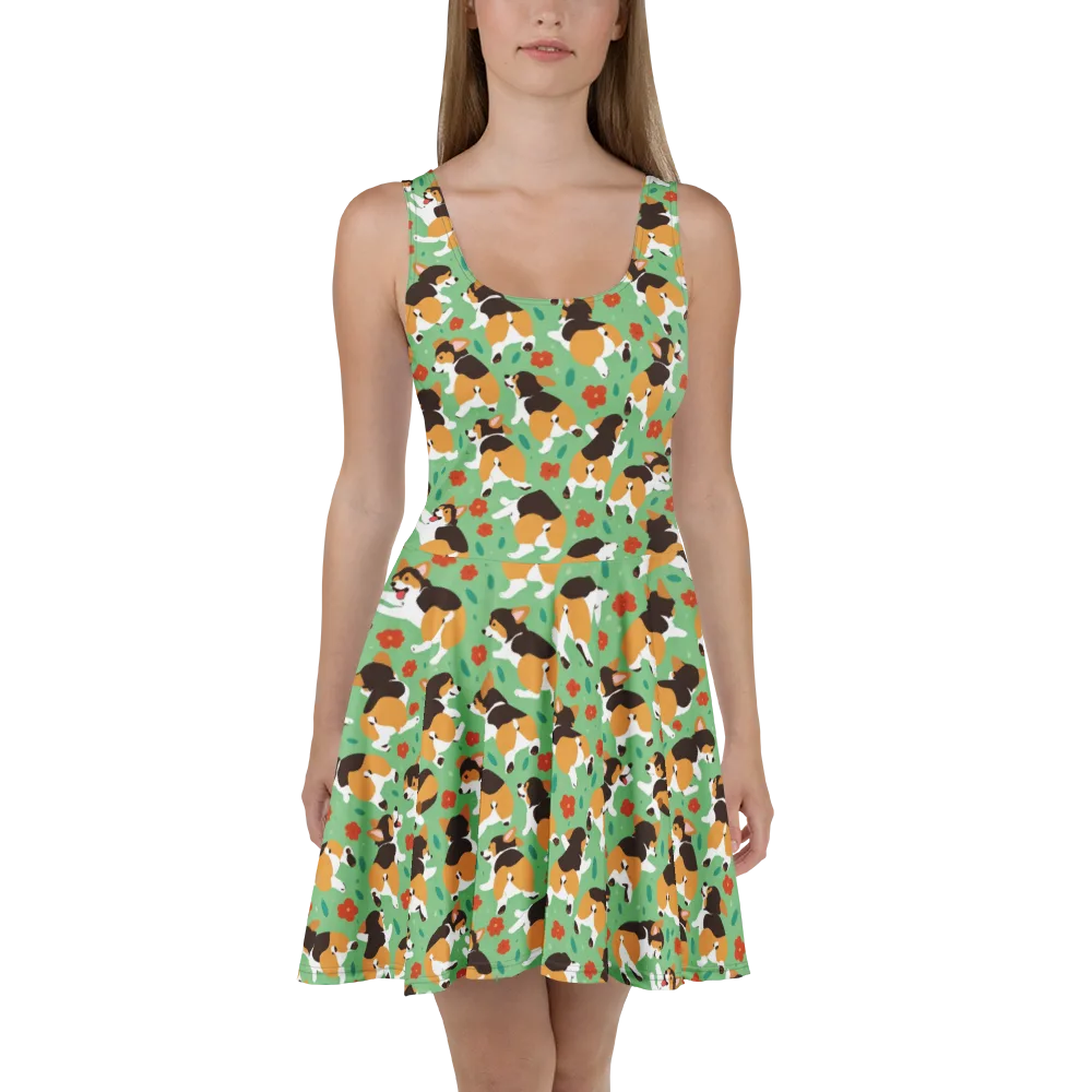 Minty Corgi Meadow on Skater Dress — Front