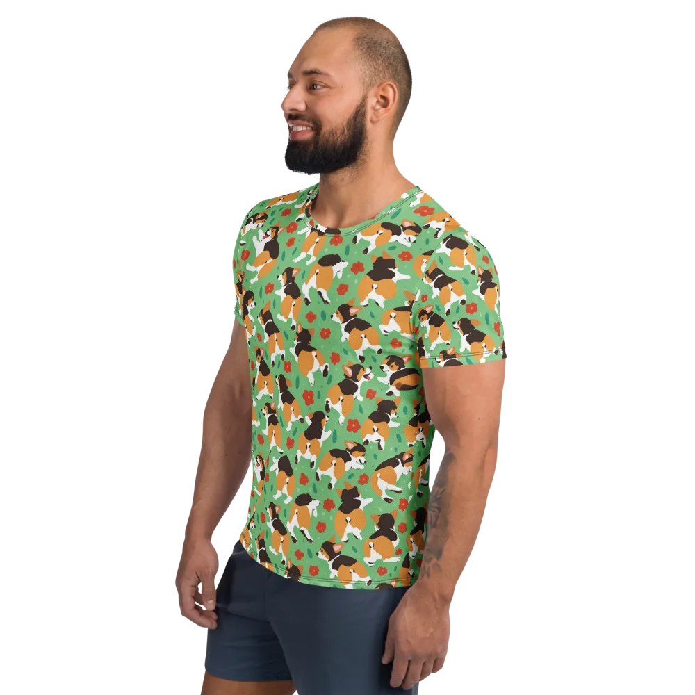 Minty Corgi Meadow on Men's Athletic T-Shirt — Left