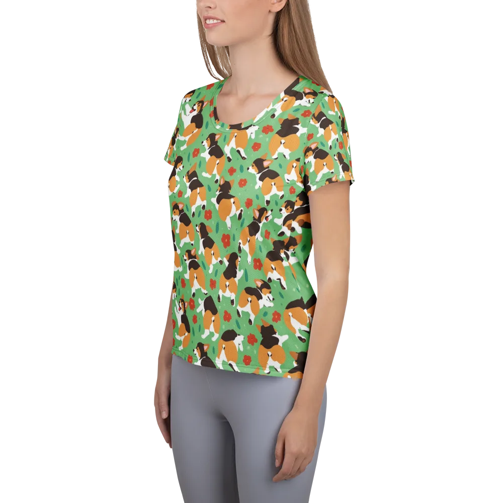 Minty Corgi Meadow on Women's Athletic T-Shirt — Left